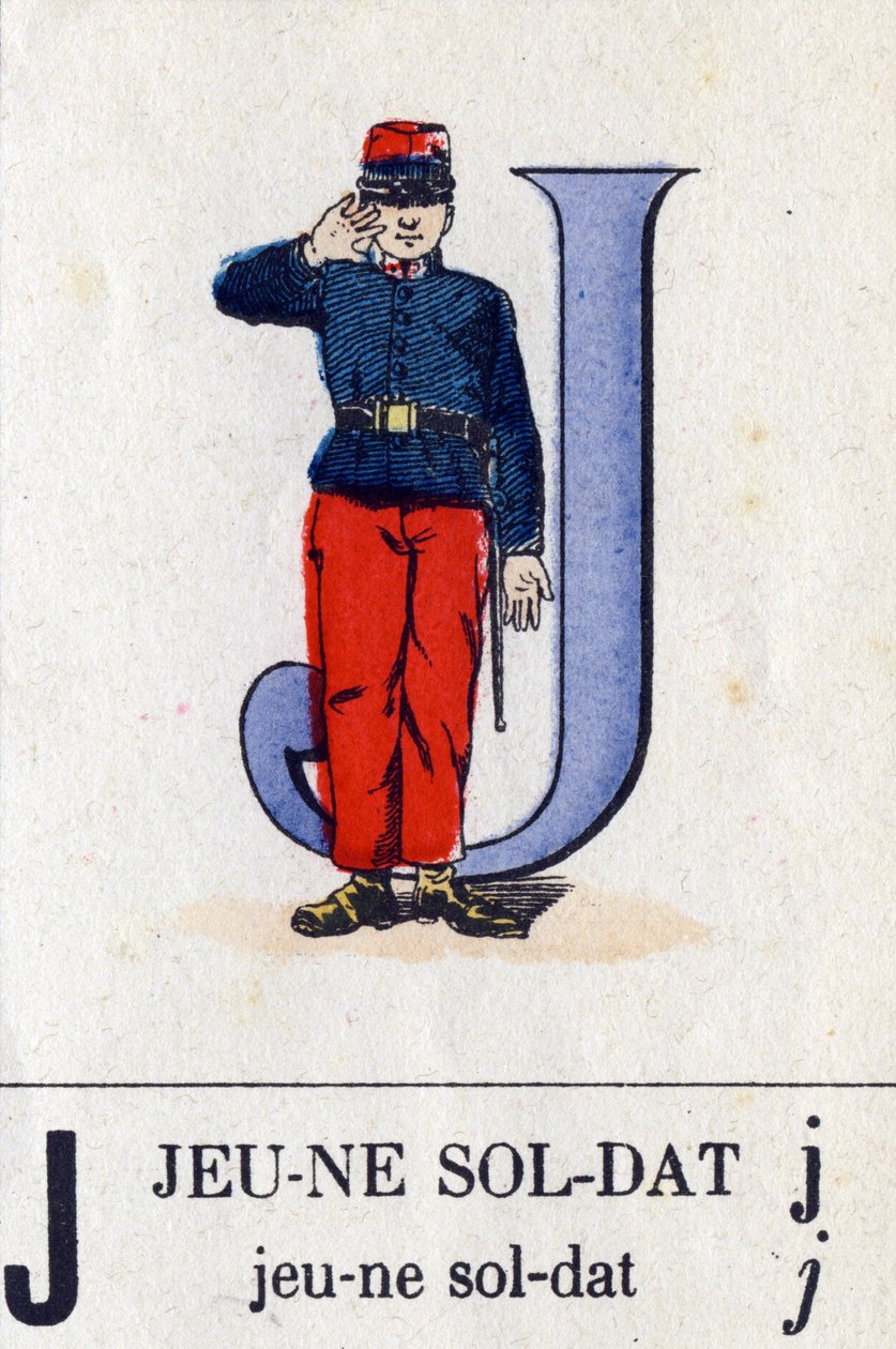 Bokstav J som ung soldat. Militært alfabet. Avbildning av Epinal, rundt 1870-1880. Sjablongfargede tresnitt av French School