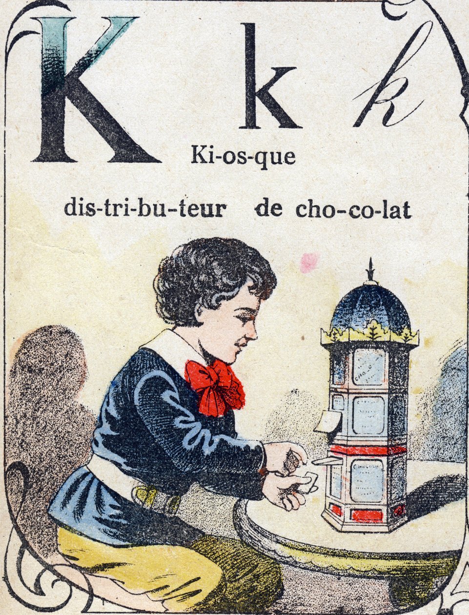 Bokstav K: sjokoladedispenser kiosk. Gravering i "ABC des joux pour petits boys". Avbildning av Pont-a-Mousson, Louis Vagne, trykkeri-utgiver, sent på 1800-tallet. Mål: 32,5x25 cm av French School