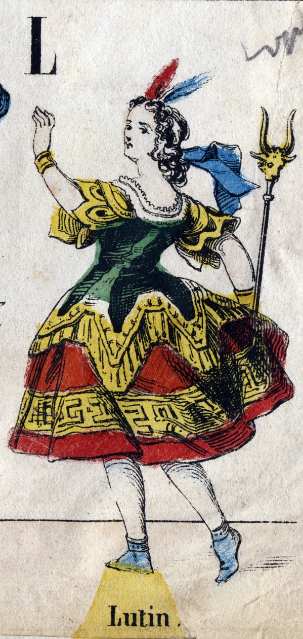 Bokstav L: Leprechaun. Gravering i "Alfabetmaskerade". Ny Epinal bildebehandling. Trykk-litografi Pinot et Sagaire, redaktører, Epinal, andre halvdel av 1800-tallet. Plate Ná 491 med 25 opplyste bokstaver. Mål: 40,5x28cm av French School