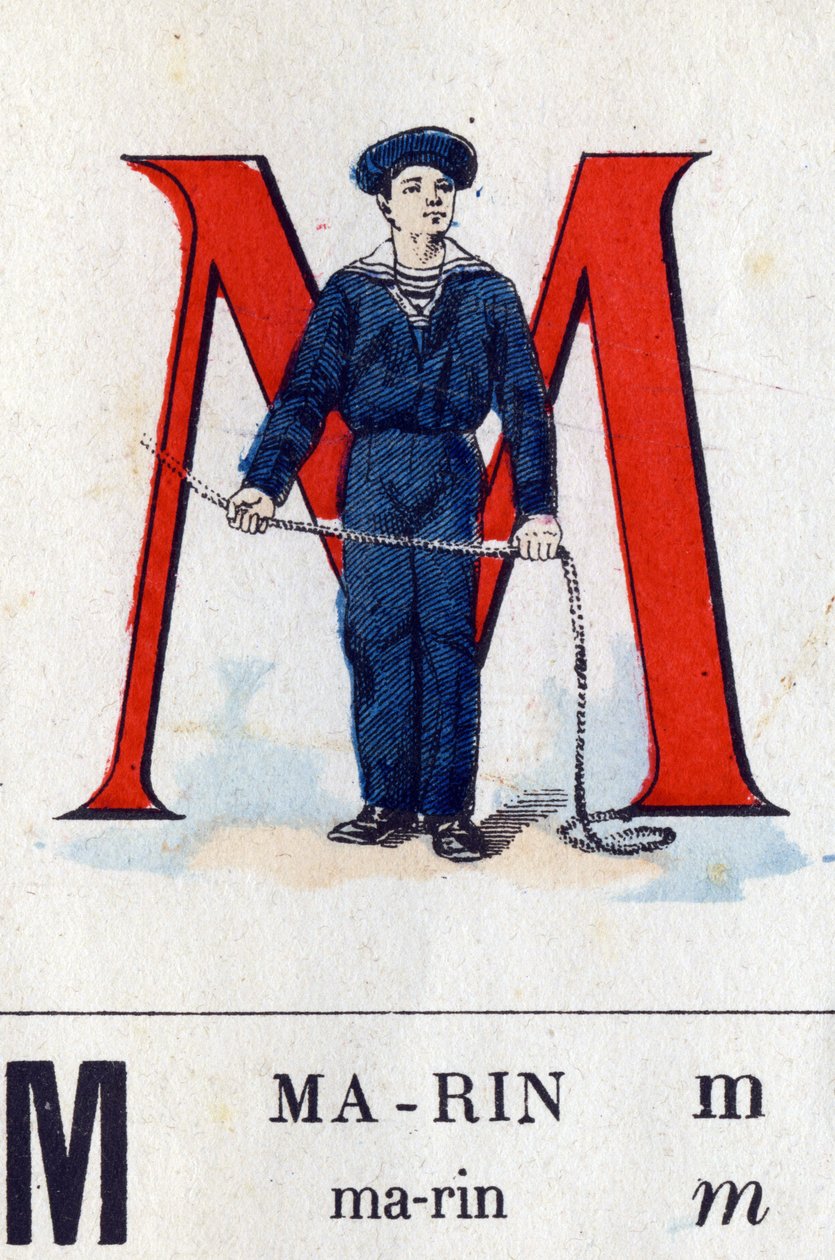 Bokstaven M som Marin. Militært alfabet. Avbildning av Epinal, rundt 1870-1880. Sjablongfargede tresnitt av French School