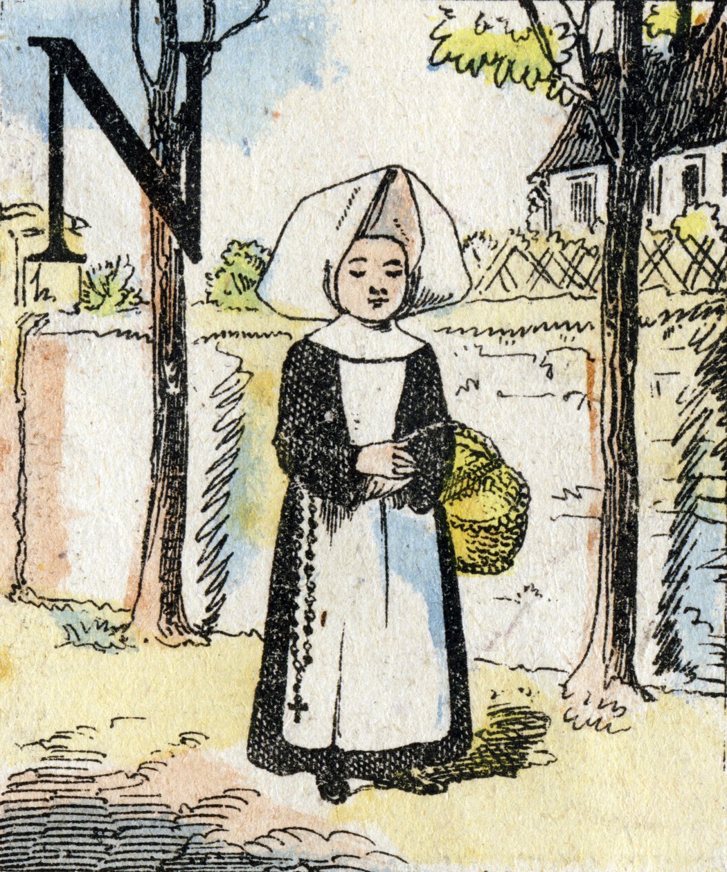 Bokstaven M jente som nonne. ABC av småjentene. Epinal avbildning av French School