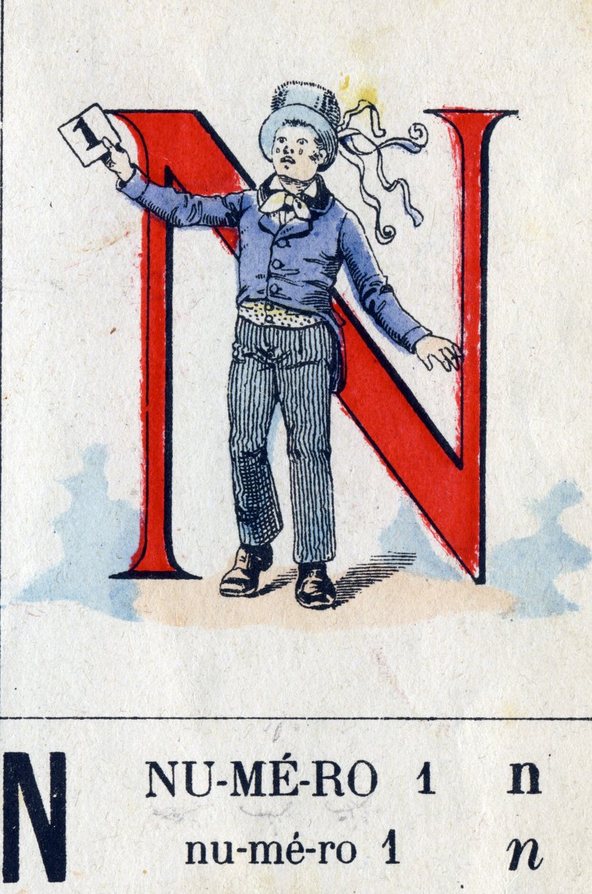 Bokstaven N som nummer 1. Militært alfabet . Avbildning av Epinal, rundt 1870-1880. Sjablongfargede tresnitt av French School