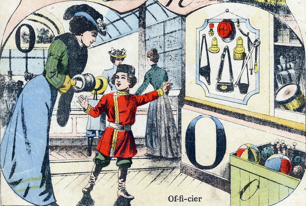 Bokstav O offiser. Gravering i "ABC des joux pour petits boys". Avbildning av Pont-a-Mousson, Louis Vagne, trykkeri-utgiver, sent på 1800-tallet. Mål: 32,5x25 cm av French School