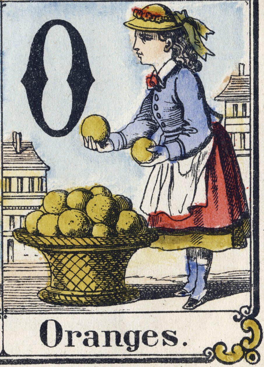 Bokstav O: Appelsiner. Rekreativt alfabet. Epinal avbildning. Stensilerte trestikk, ca 1880. Lite hefte på 16 sider av French School