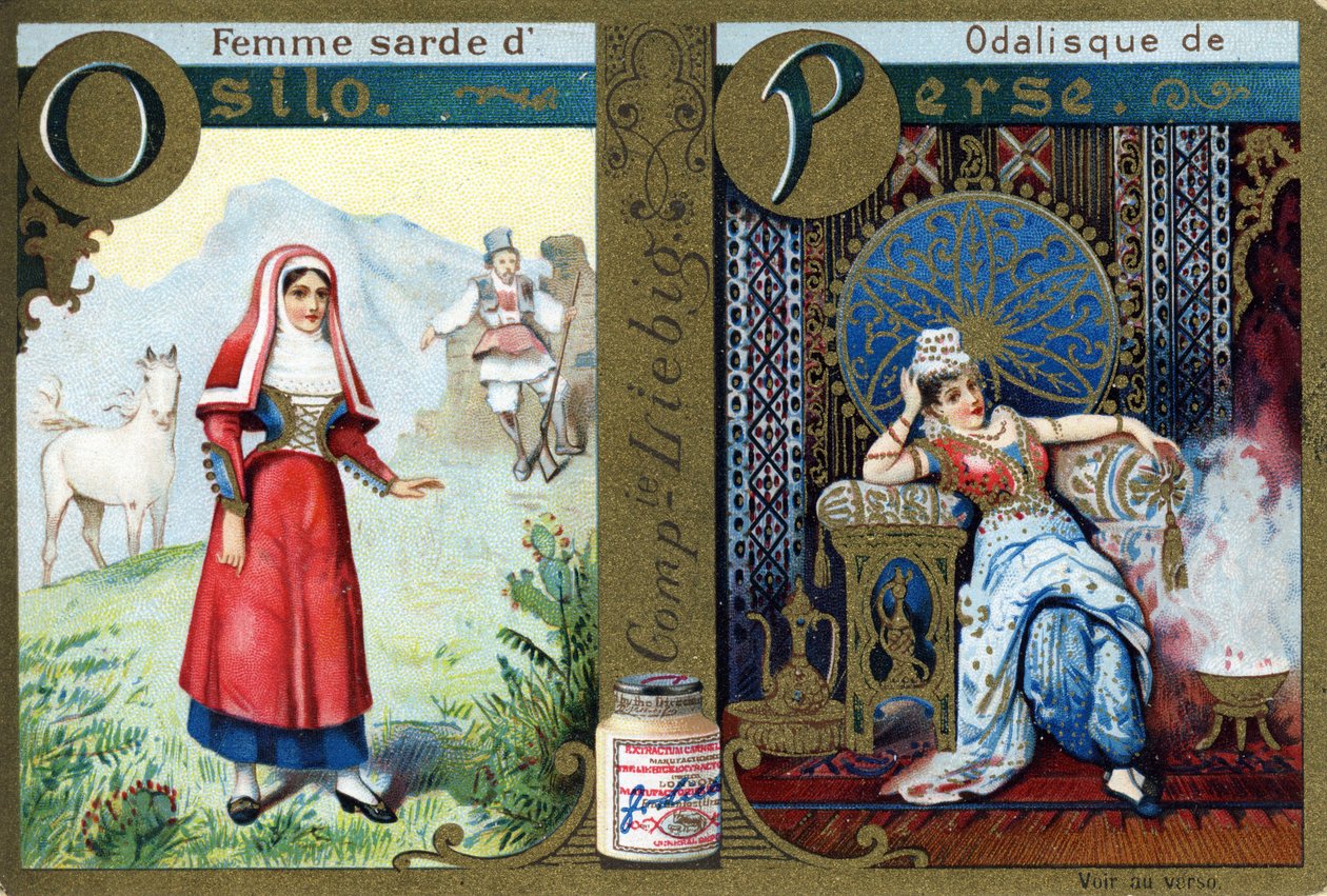 Bokstaven O som Sardinian Woman of Osilo og P som Odalisk of Persia. Kvinners alfabet. Serie på 12 bilder. Liebig-reklame av French School
