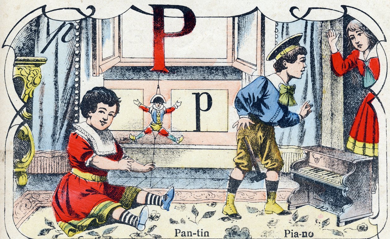 Bokstaven P Pantin Piano. Gravering i "ABC des joux pour petits boys". Avbildning av Pont-a-Mousson, Louis Vagne, trykkeri-utgiver, sent på 1800-tallet. Mål: 32,5x25 cm av French School