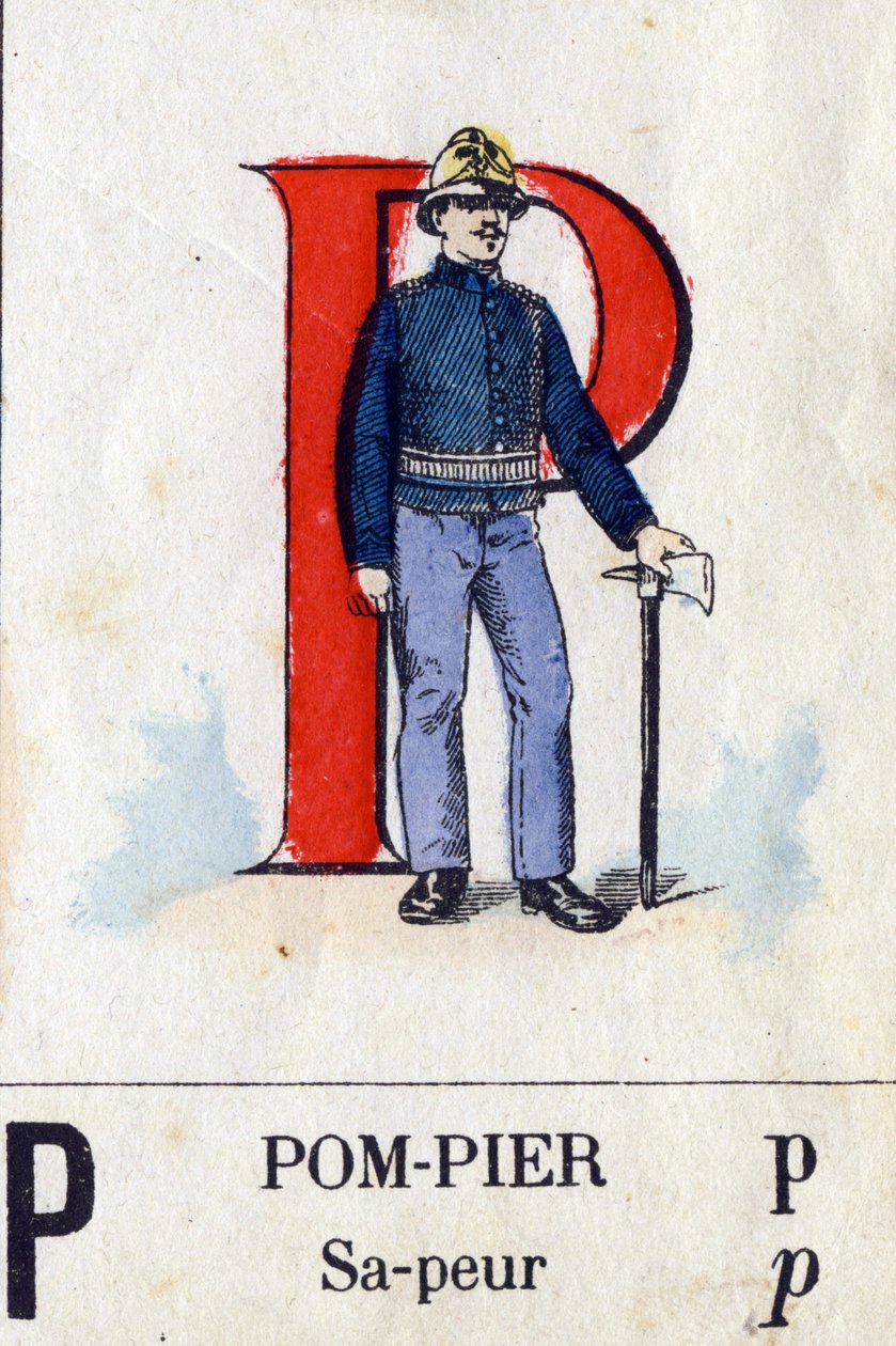 Bokstaven P som brannmann. Militært alfabet. Avbildning av Epinal, rundt 1870-1880. Sjablongfargede tresnitt av French School