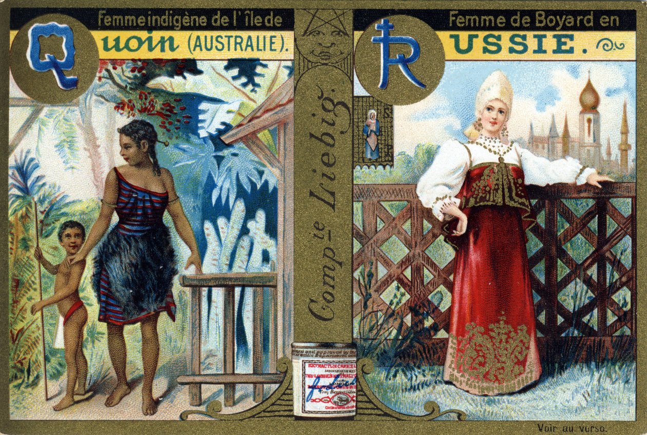 Bokstav Q som urfolkskvinne fra Quoin Island og R som Boyars-kvinne i Russland. Kvinners alfabet. Serie på 12 bilder. Liebig-reklame av French School