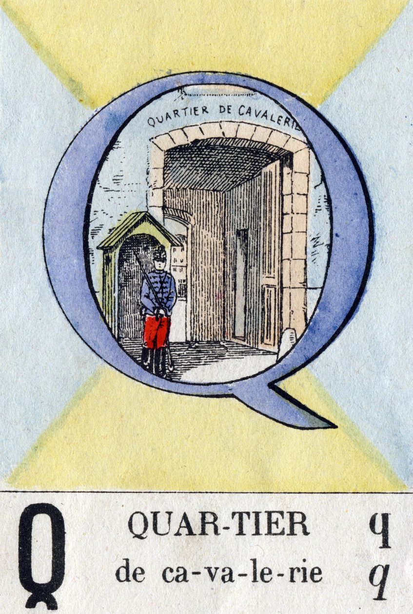 Bokstaven Q som et nabolag. Militært alfabet. Avbildning av Epinal, rundt 1870-1880. Sjablongfargede tresnitt av French School