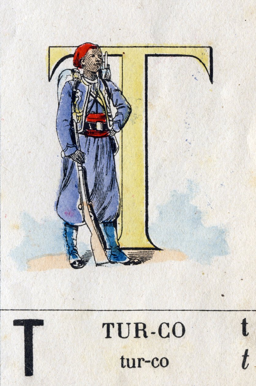 Bokstaven T som turco. Militært alfabet. Avbildning av Epinal, rundt 1870-1880. Stensilert tregravering av French School