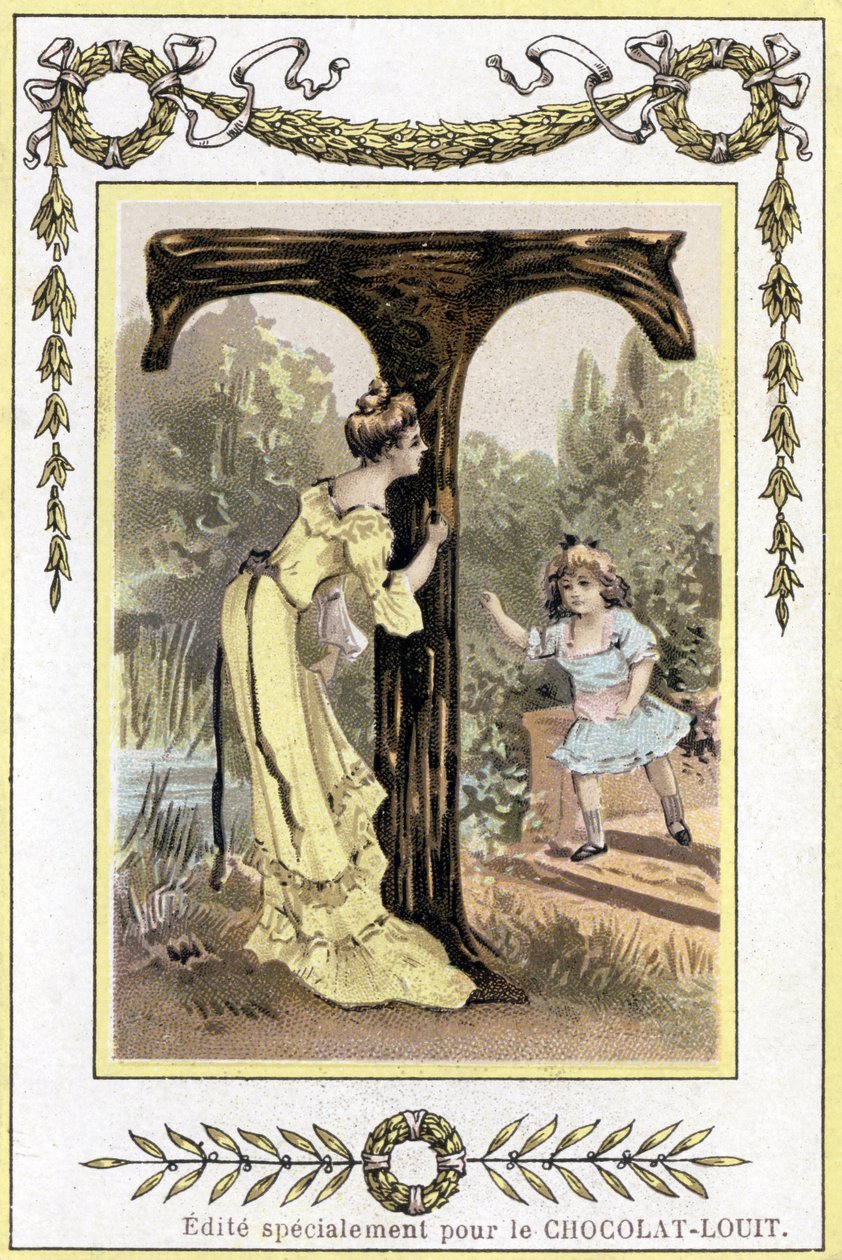 Bokstaven T representerer en mor og hennes datter som leker gjemsel, sent på 1800-tallet (kromolitografi) av French School