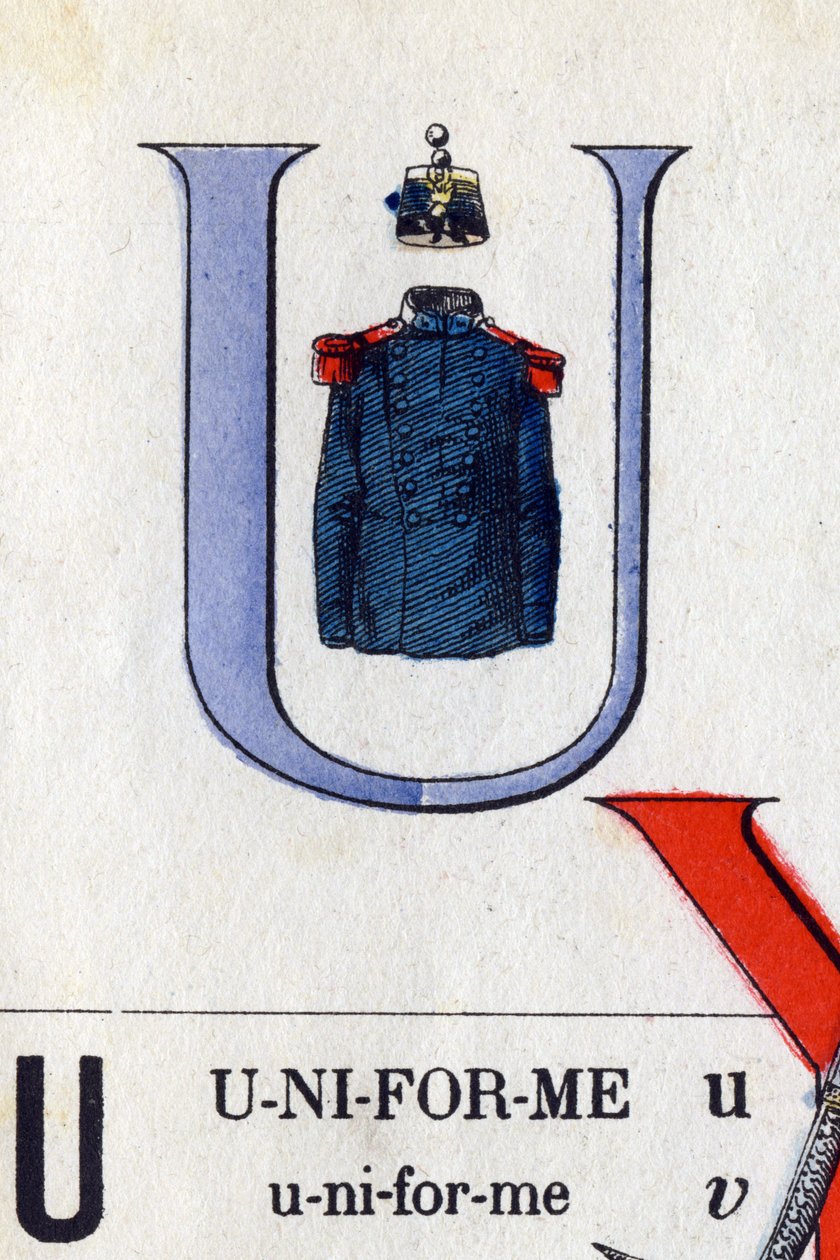 Bokstaven U som uniform. Militært alfabet. Avbildning av Epinal, rundt 1870-1880. Sjablongfargede tresnitt av French School