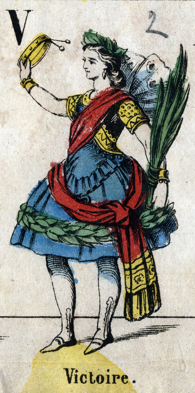 Bokstav V: VictoirGravering i "Alphabet Masquerade". Ny Epinal bildebehandling. Trykk-litografi Pinot et Sagaire, redaktører, Epinal, andre halvdel av 1800-tallet. Plate Ná 491 med 25 opplyste bokstaver. Mål: 40,5x28cm av French School
