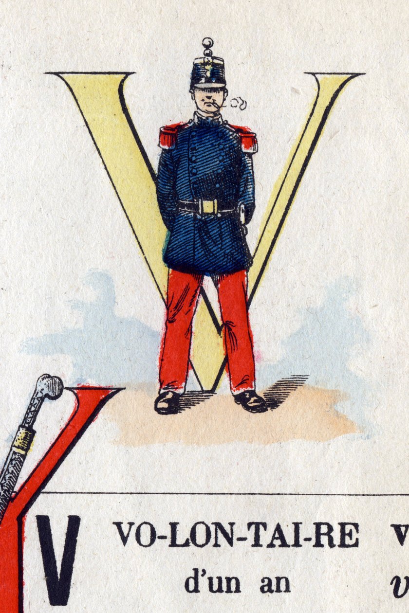 Bokstav V som frivillig. Militært alfabet. Avbildning av Epinal, rundt 1870-1880. Sjablongfargede tresnitt av French School