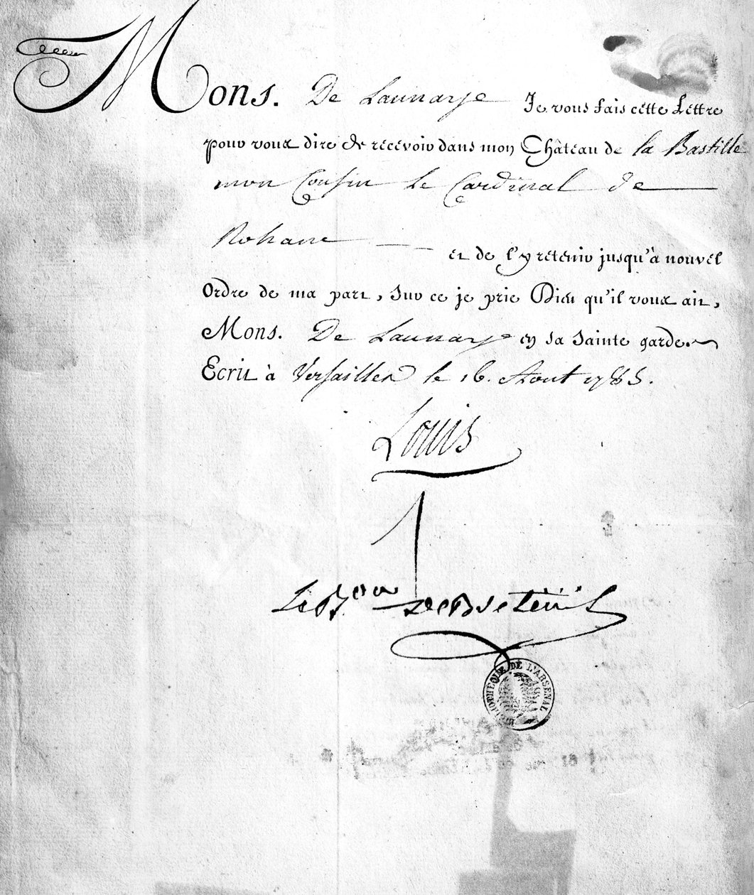 Brev fra Carhel, signert av baron Louis de Breteuil, som beordret fengsling av kardinal de Rohan i 