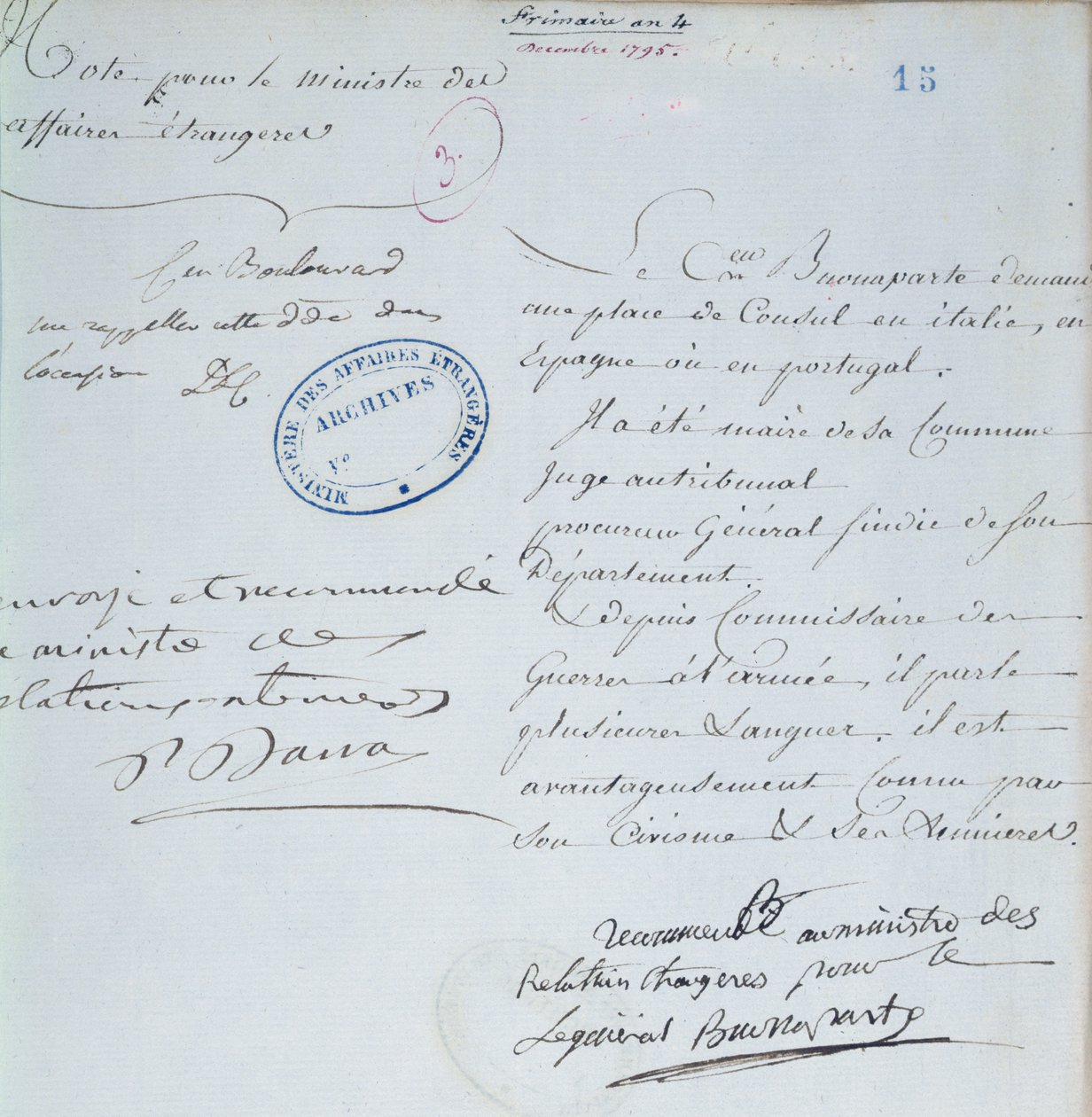 Anbefalingsbrev signert av Napoleon Bonaparte (1769-1821) for sin bror, Joseph (1768-1844) desember 1795 av French School