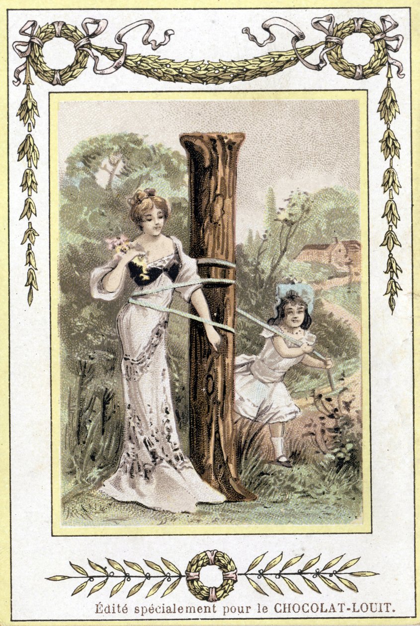 Brev som representerer en mor og datter som leker, sent på 1800-tallet (kromolitografi) av French School