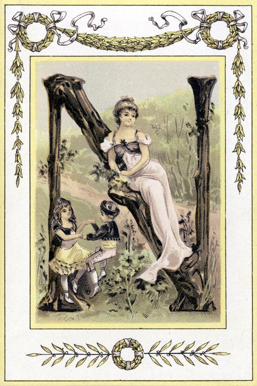 Brev som representerer en mor og hennes barn som danser, sent på 1800-tallet (kromolitografi) av French School