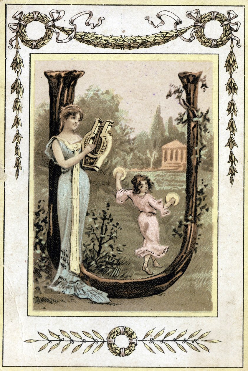 Brev som representerer en mor som spiller lyre og datteren hennes danser med pauker, sent på 1800-tallet (kromolitografi) av French School