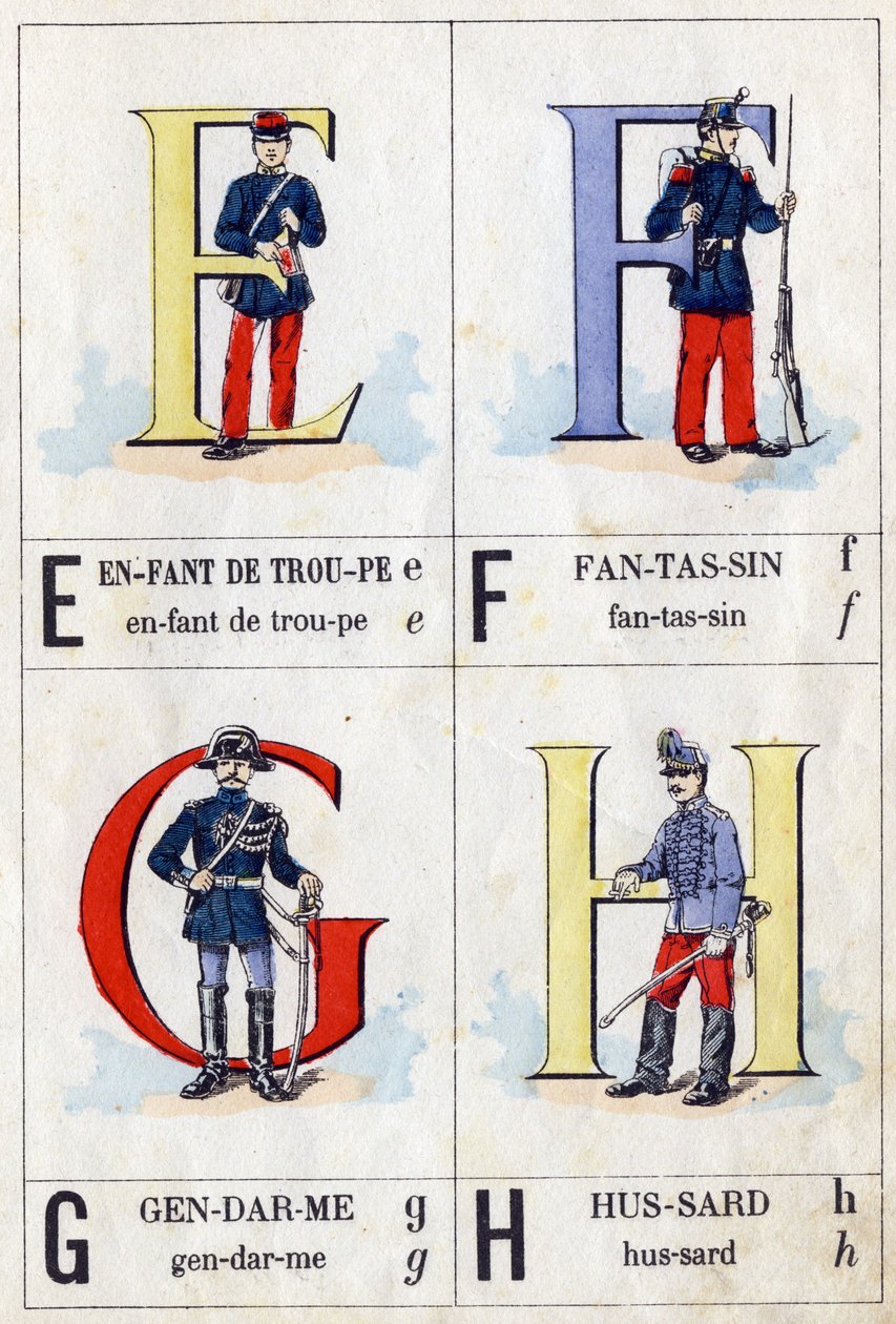 Bokstavene E som troppsbarn, F som infanterist, G som fotmann og H som hussard. ABC militære. Avbildning av Epinal av French School