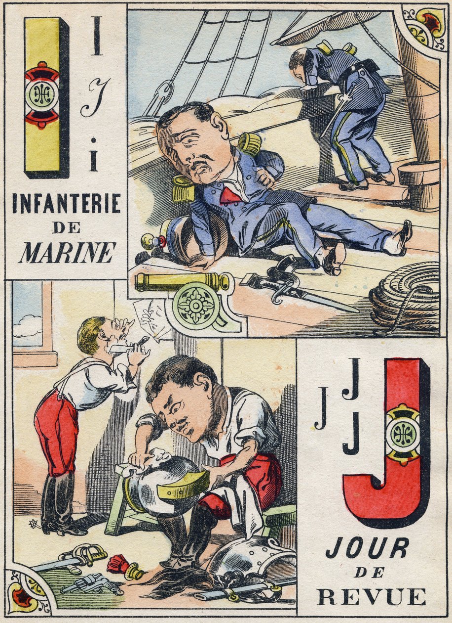 Bokstaver I og J: Marineinfanteriet og revisjonsdagen. Gravering i "Comic Military Alphabet". Femte serie. Epinal avbildning. Pellerin og Cie, Printers, Epinal, slutten av 1800-tallet. 16 sider. Mål: 25x18,5cm av French School