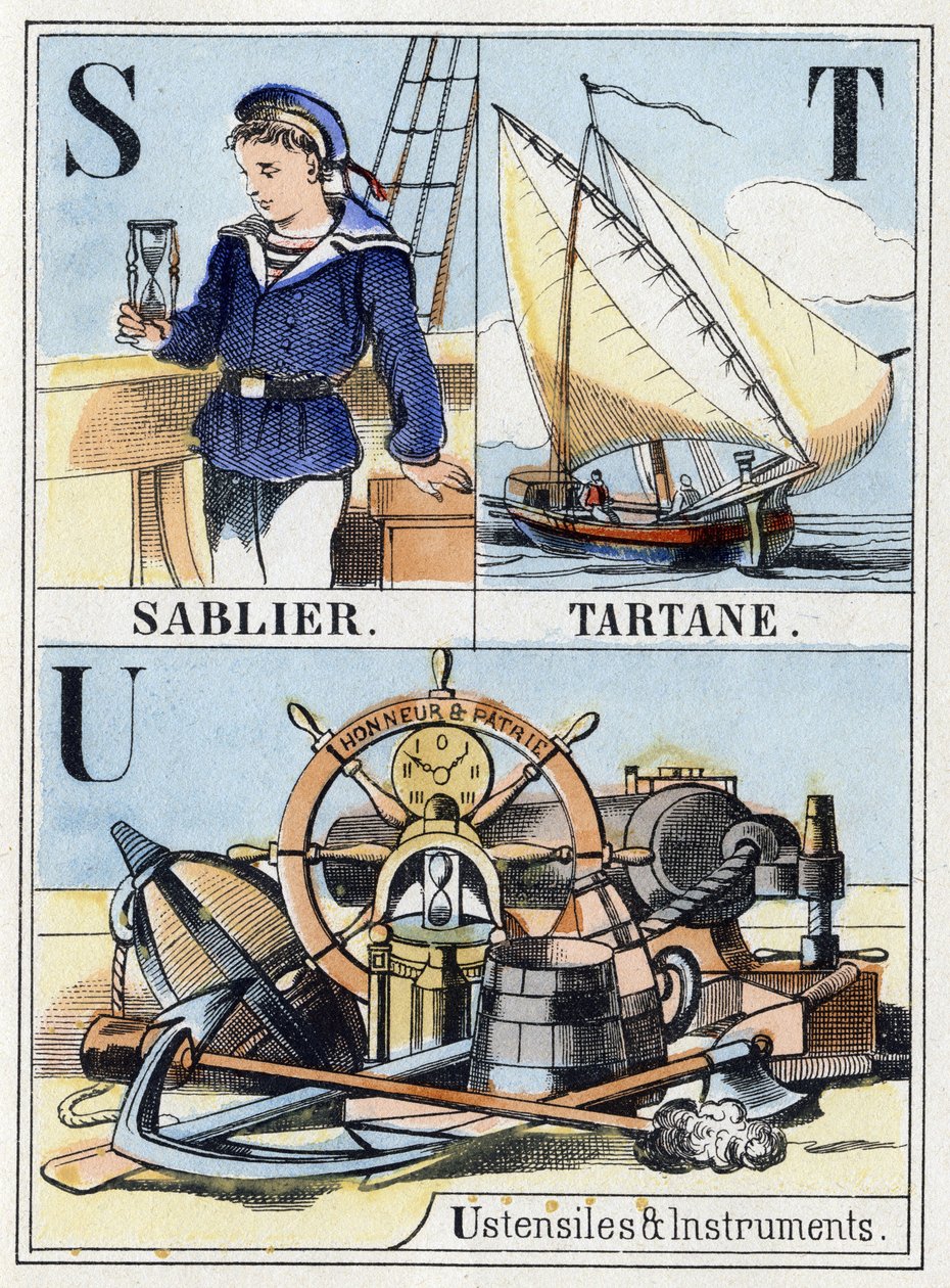 Bokstavene S som timeglass, bokstaven T som tartan, bokstaven U som redskaper og instrumenter. Navy abecedary på 16 sider som inneholder et alfabet med store bokstaver. Epinal bilde, slutten av 1800-tallet. Stensilerte tregraveringer Mål: 21x14,5cm av French School
