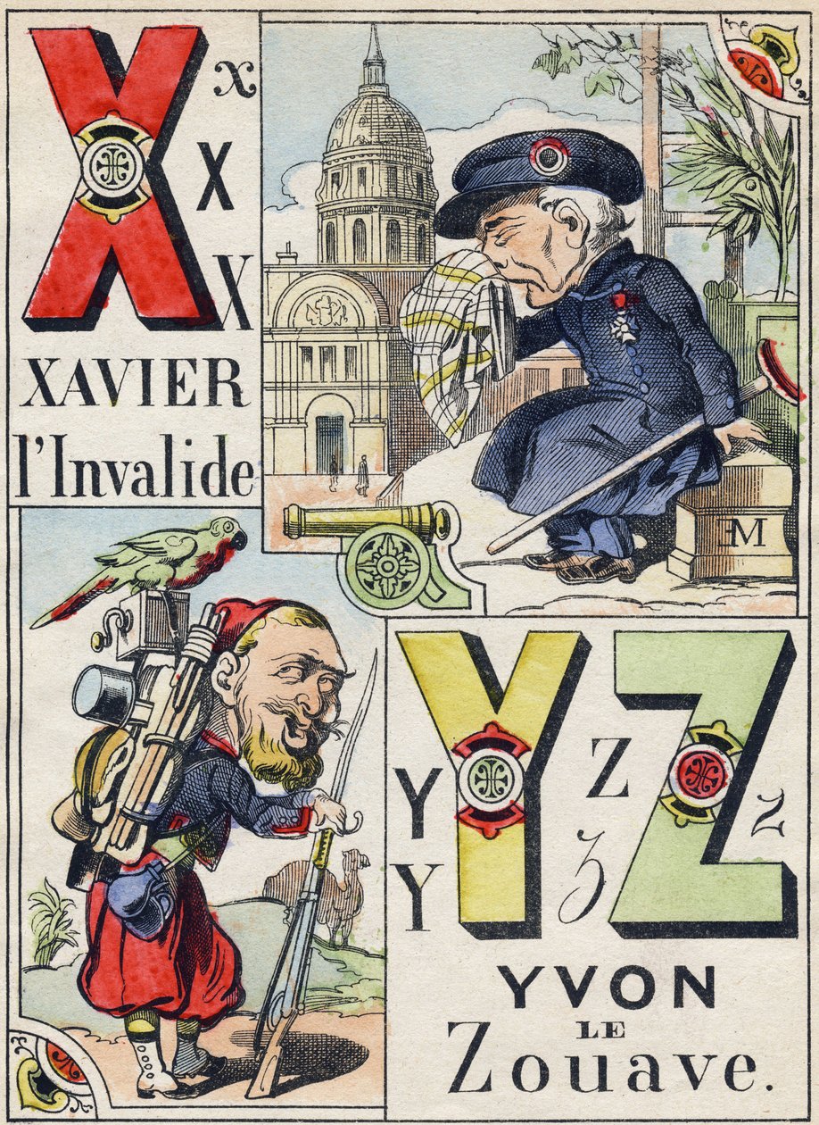 Bokstavene X Y Z: Xavier the invalid og Yvon the Zouave. Gravering i "Comic Military Alphabet". Femte serie. Epinal avbildning. Pellerin & Cie, Printers, Epinal, sent på 1800-tallet. 16 sider. Mål: 25x18,5cm av French School