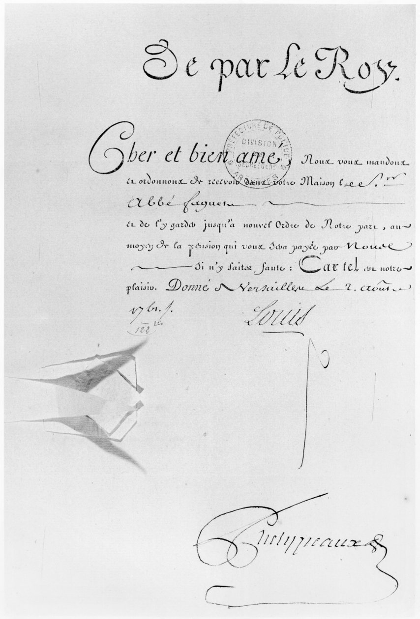 Lettre de Cachet av kong Louis XV for å fengsle Abbe Faguer, 2. august 1761 (penn og blekk på papir) av French School