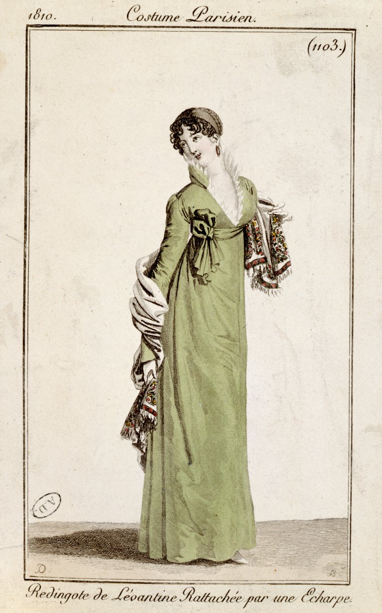 Levantinsk frakk festet med et skjerf, moteplate fra Costume Parisien, 1810 av French School