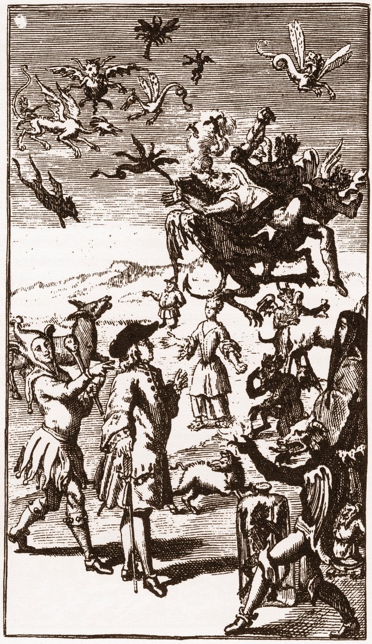 Fremkallingen av demoner, gravering fra 1710 i "Historien om Monsieur Oufles ekstravagante fantasi" av Laurent Bordelon (1653-1730) av French School