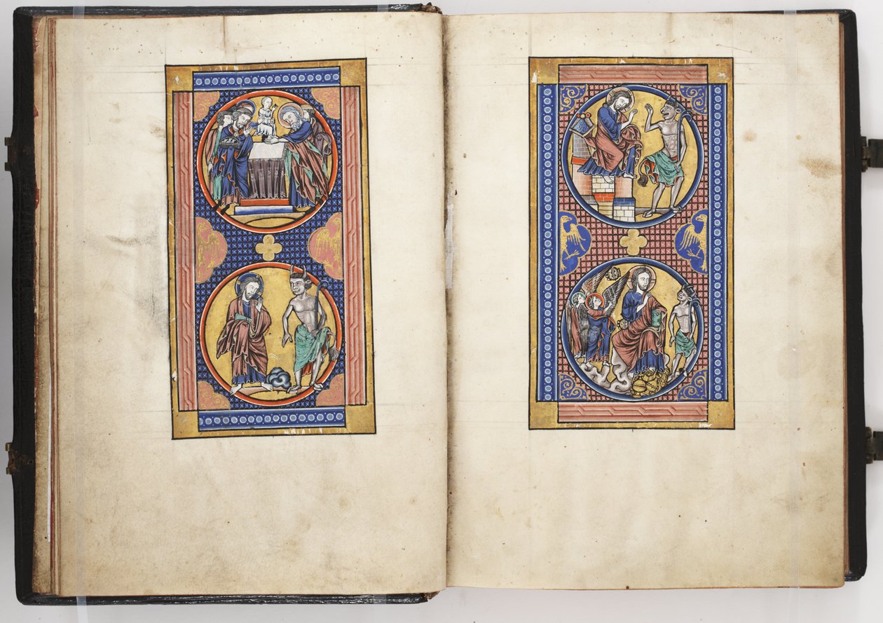 Lewis Psalter ff.8v-9r, Presentation in the Temple, and the Three Temptations of Christ, ca.1225-40 (tempera og gull på vellum) av French School