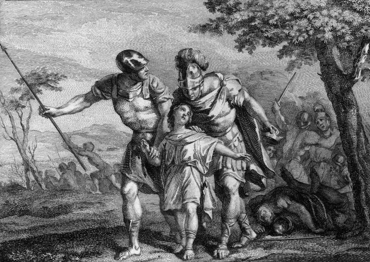 Frigjøring av Childebert II (570-596), konge av Austrasia, 575: sønn av Childebert I og Brunehilde (Brunehaut), han ble tatt bort av onkelen, Chilperic 1er, ved farens død. Gravering fra 1700-tallet. av French School