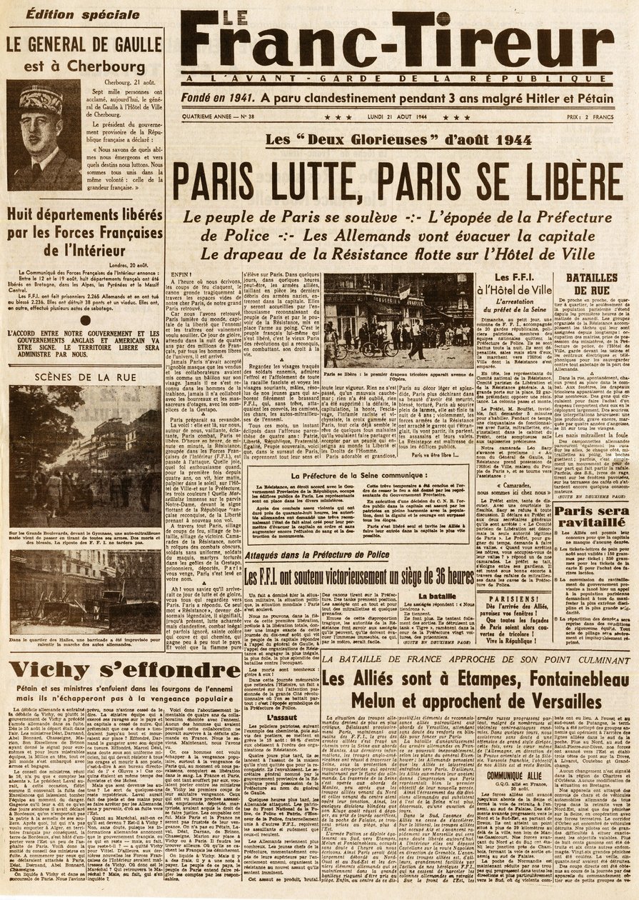 Liberation of Paris - FRANC TIROUR nummer 38 av 21. august 1944 - Paris-kamper, paris ce libere av French School