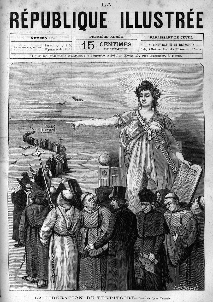 Liberation of the territory: the French Republic expels unauthorised religious congregations from French territory following the decrees of March 1880 taken by Jules Ferry and depriving them of the right to teach. A newspaper. Engraving from 1880 in “La re av French School