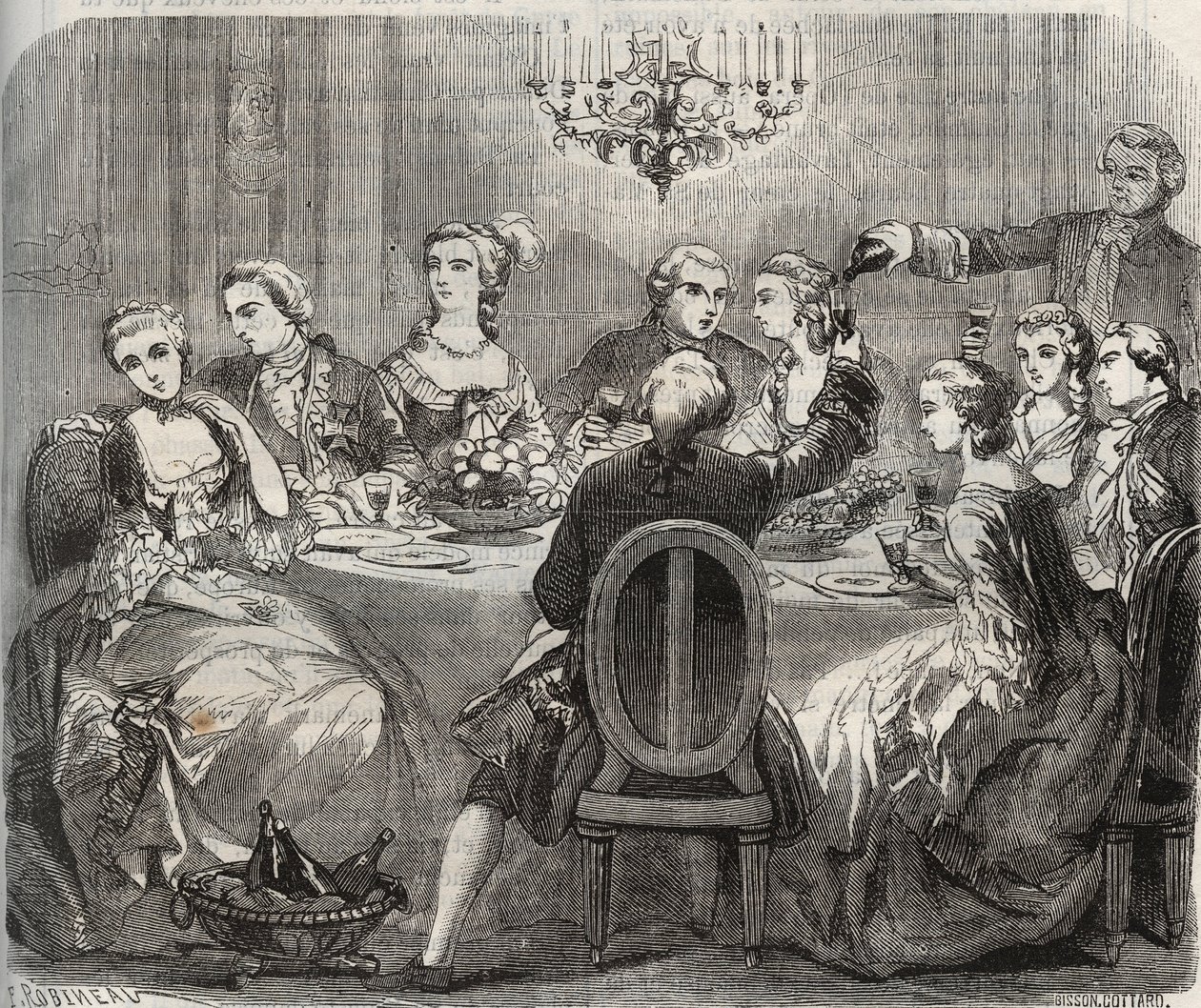 Libertinage: Christian VII (1749-1808), King of Denmark and Norway, during a libertine feast organized by the dancer Marie Madeleine Guimard (1743-1816) in her house of Pantin. Engraving from 1871 in “Histoire Des Cocus Celebres”” by Henry de Kock (1819-18 av French School