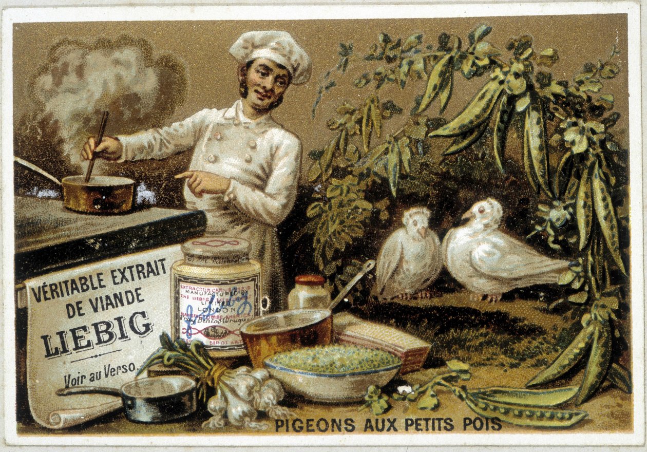 Liébig oppskrifter: duer med erter - chromo. av French School
