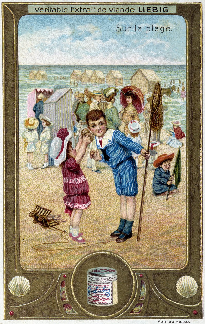 Liebigs kromolitografiserie «Strandspill» av barn. sd. 1800-tallet av French School