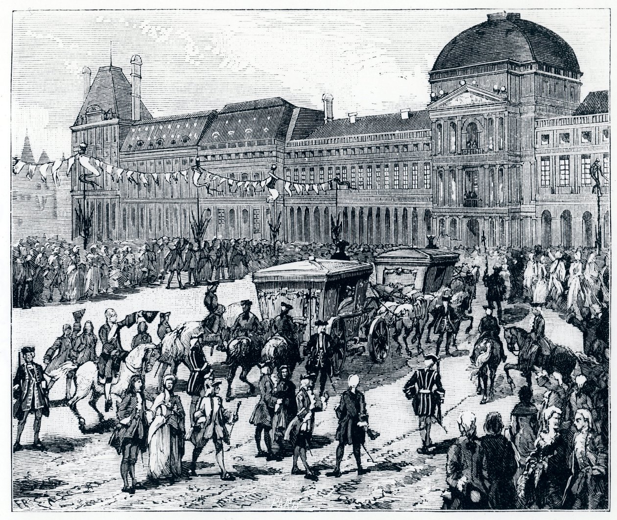 Livet under Louis XV: kongen ankommer Palais des Tuileries, hvor dronningen og delfinen venter på ham - i "Paris gjennom århundrene" av Genouillac av French School