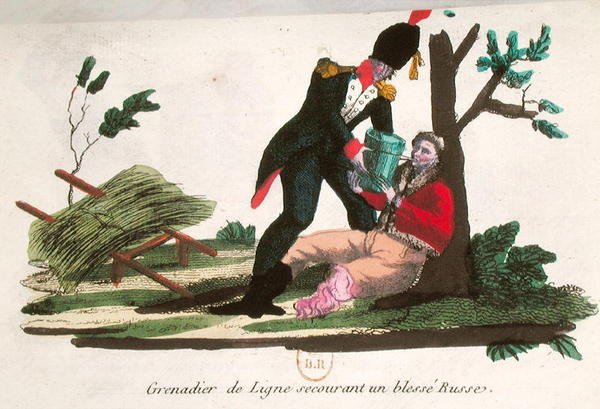Linjegrenader hjelper en skadet russisk soldat (farget gravering) av French School
