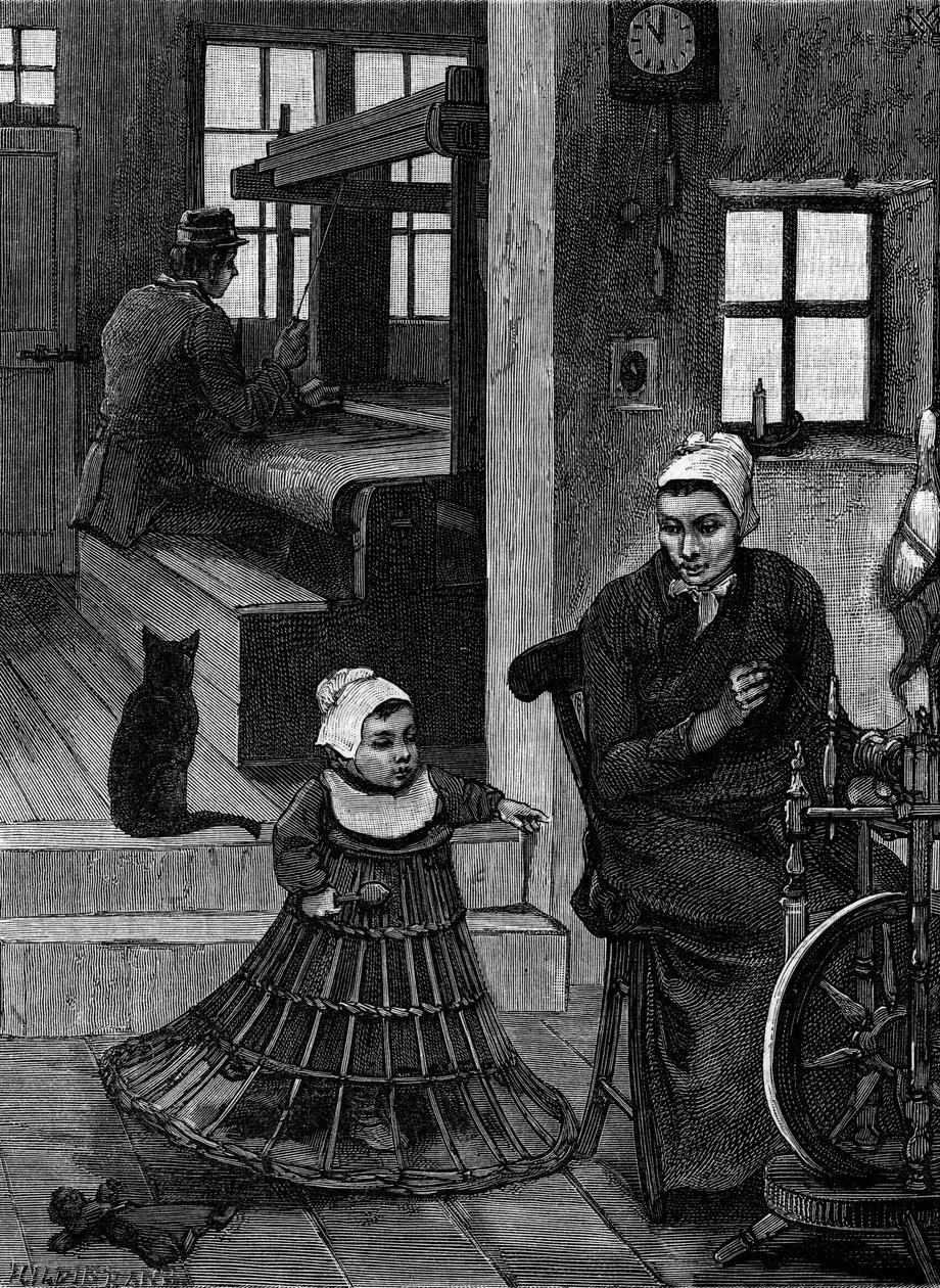 Linen: weaver interior with weaver and spinning wheel. Engraving in “” Le Journal de la jeunesse”” av French School