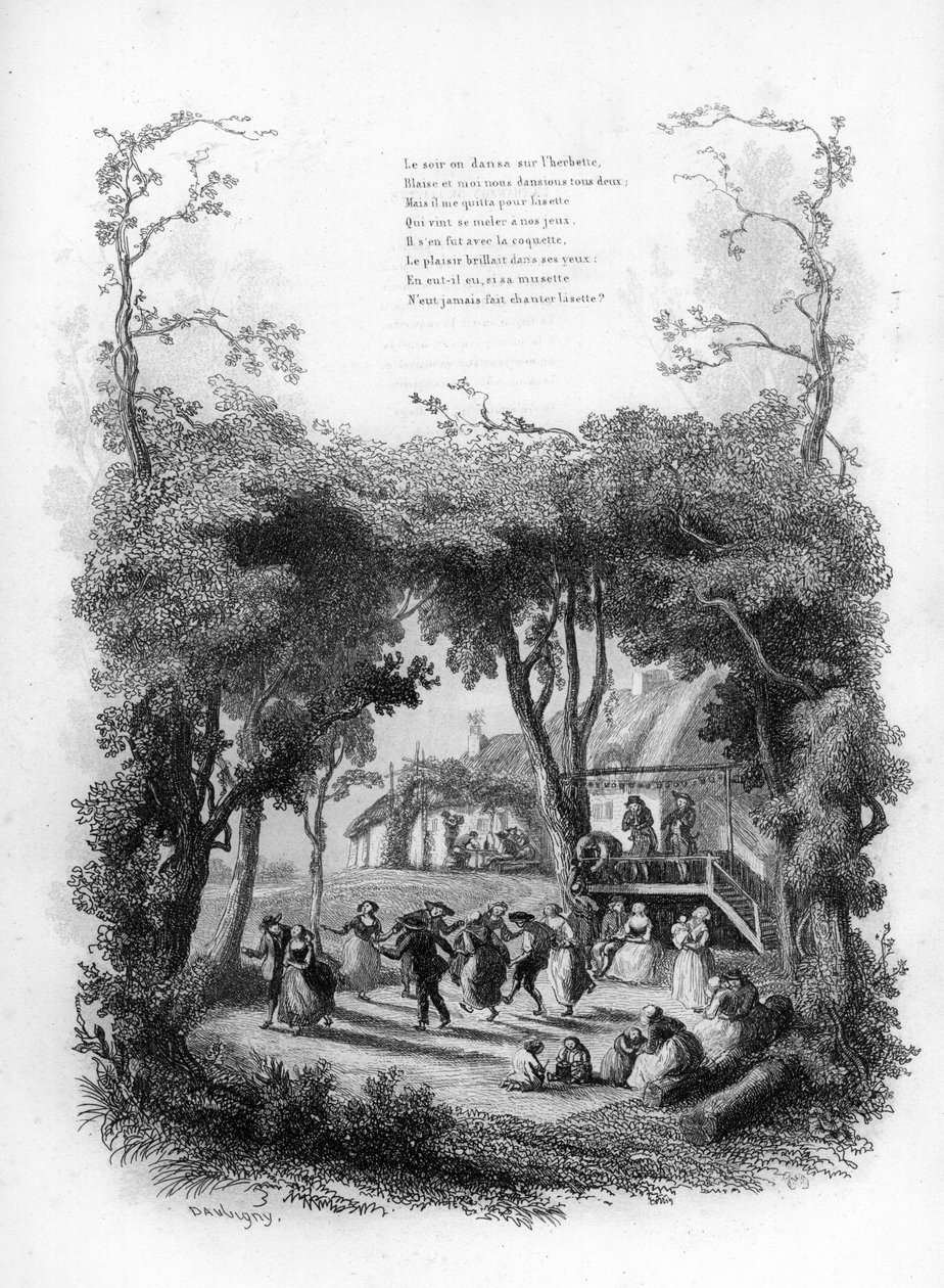 Lisette sang. Fest og dans i en landsby på landsbygda. Gravering i "" Chants et chansons populaire de la France", Tome 2 av French School