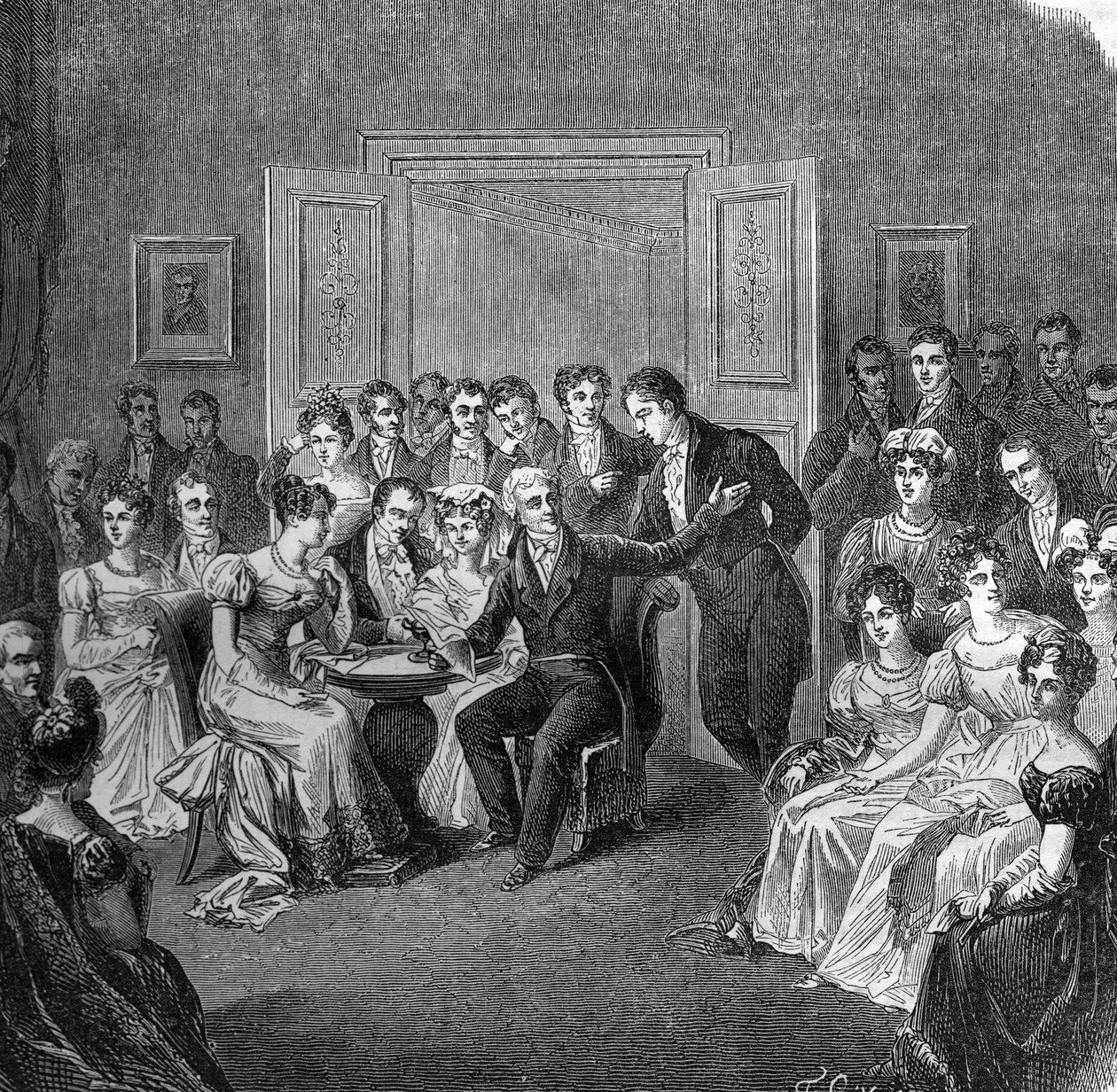 Litterær salong på 1800-tallet: Francois Auguste Parceval de Grandmaison (Parceval Grandmaison, Parceval-Grandmaison) (1759-1834) leser vers fra diktet hans av «Philippe Auguste» i en salong på det gamle hotellet i Larochefoucauld i 1824. Gravering fra av French School