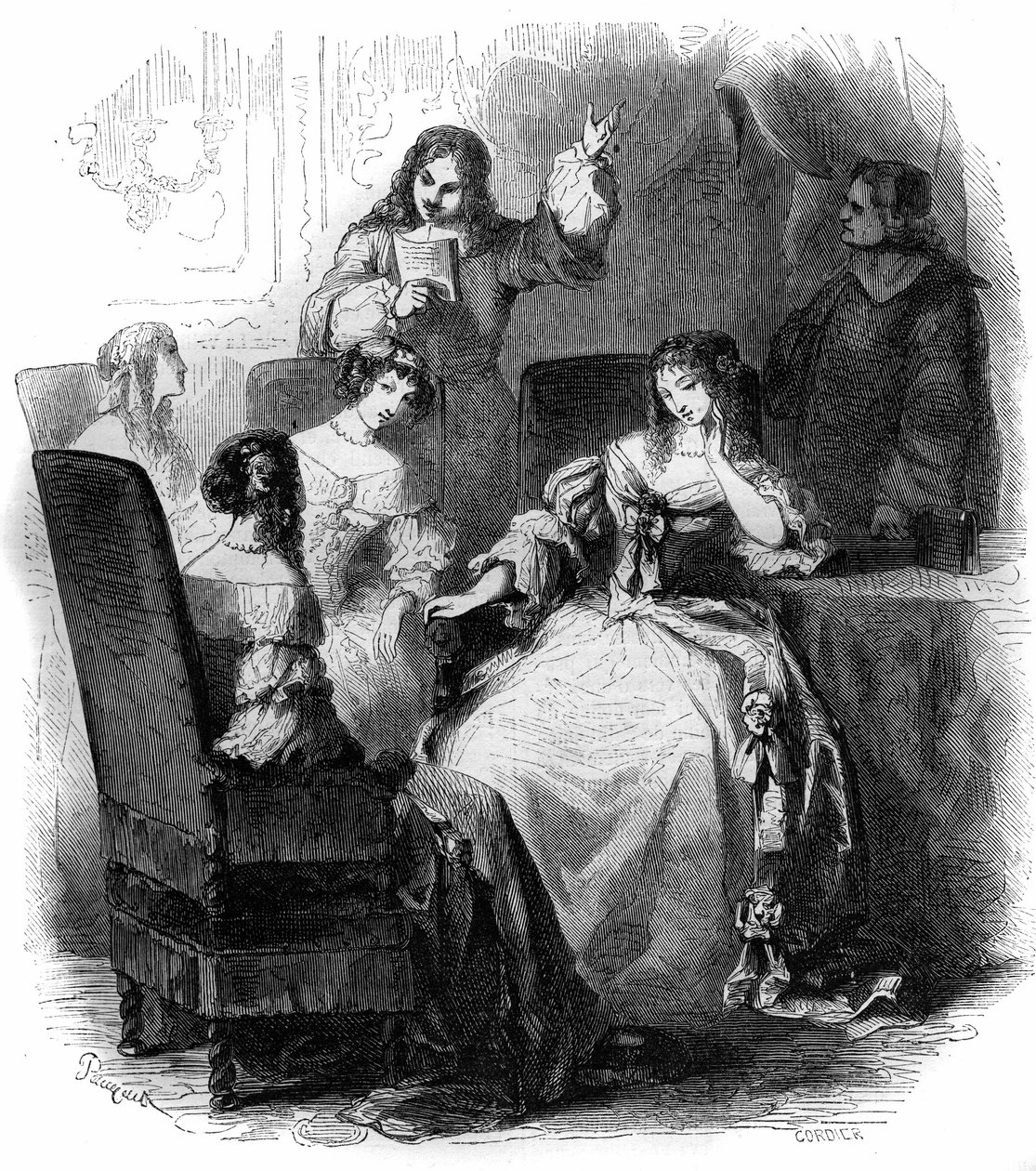 Litterær salong: poeten Jean Renaud de Segrais (1624-1701) ved hoffet til Anne Marie Louise d'Orleans de Montpensier (1627-1693). Gravering fra 1856. av French School