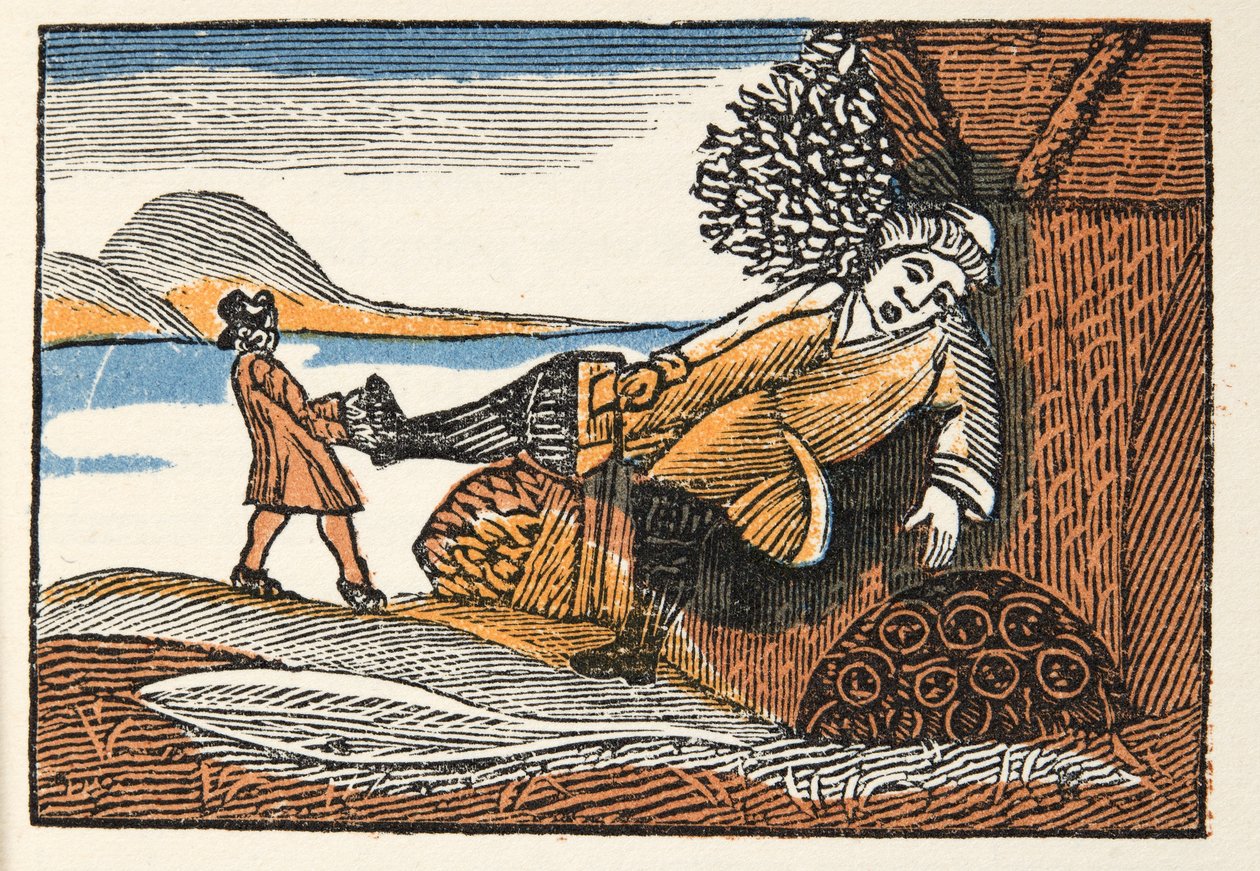 Little Thumb fra Histories or Tales of Past Times fortalt av Mother Goose, With Morals, av M Perrault, pub. 1925 (håndfarget treblokktrykk) av French School