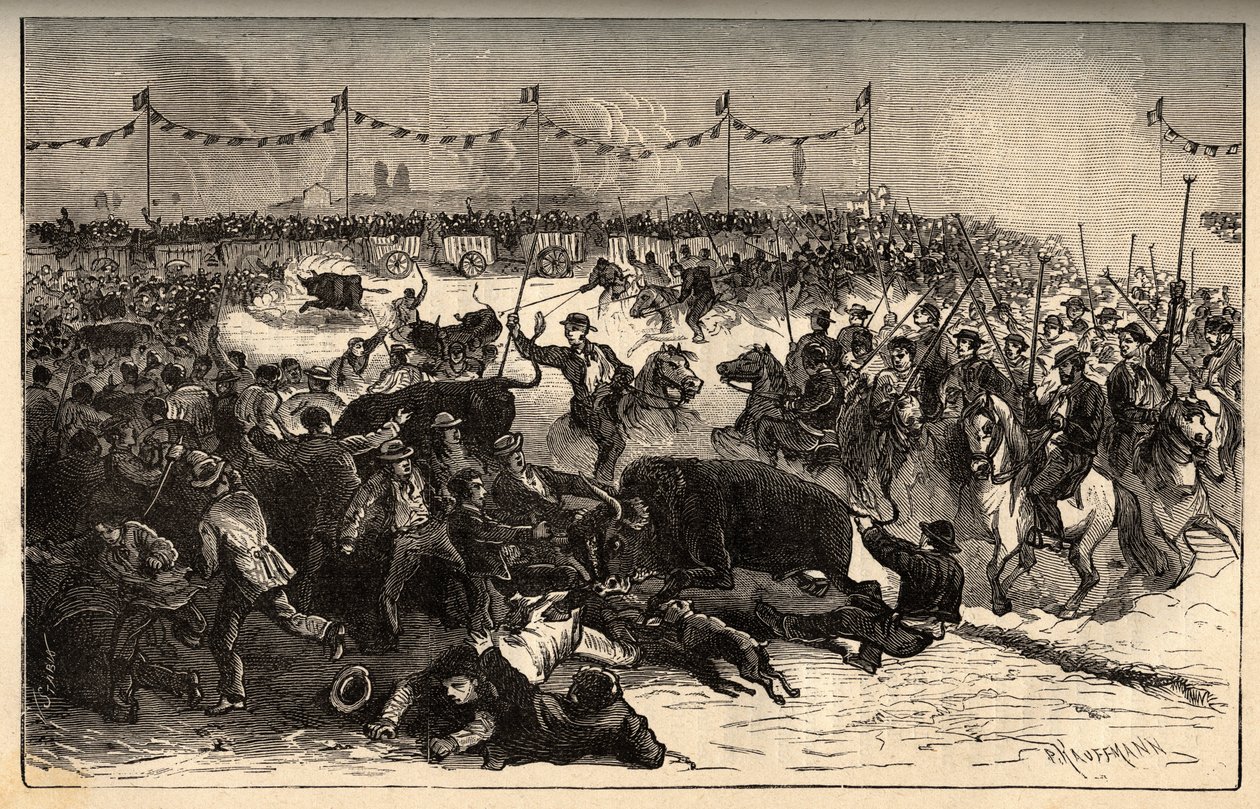 Husdyrmerking - La ferrade en Camargue (fest arrangert under marquarge au fer rouge du cattle) - gravering i "" PATRIE"" - PECTUREQUIREQUE BESKRIVELSE AV FRANKRIKE I 6 BIND AV LUCIEN HUARD - slutten av 1800-tallet av French School