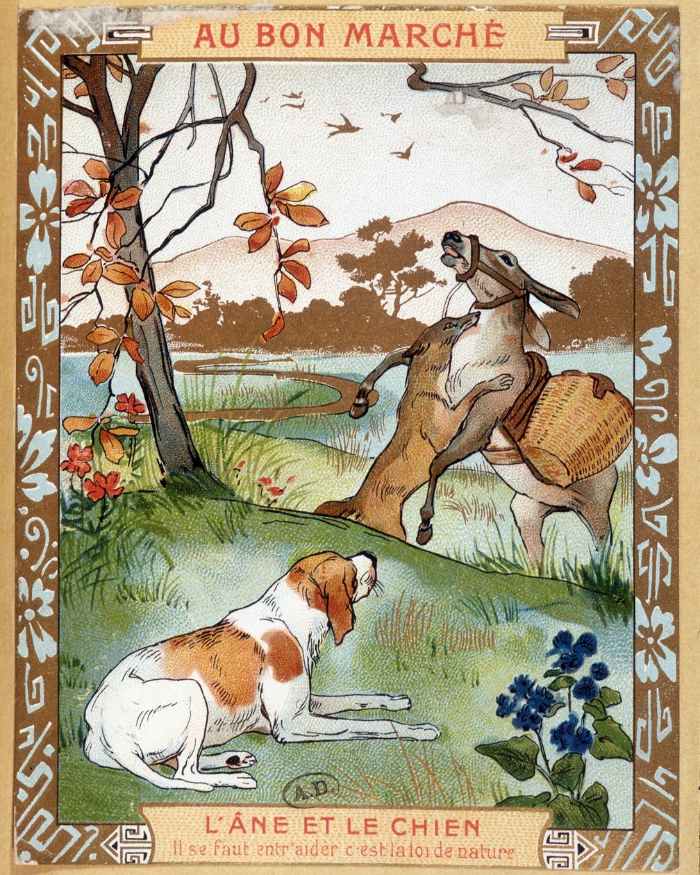 Eselet og hunden, fabel av La Fontaine - Bon Marché-reklamemerket av French School