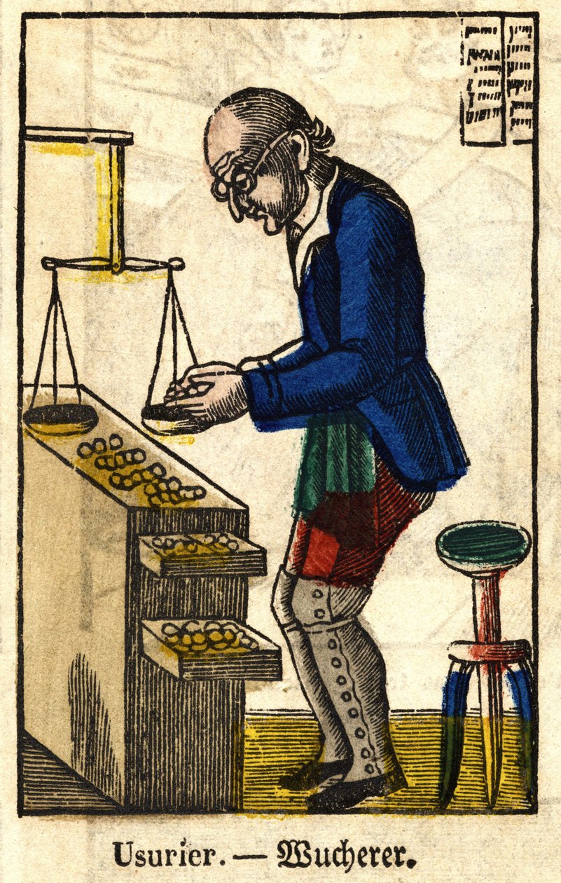Lån skarpere; Serie om handel, bilde av Epinal fra 1800-tallet. av French School