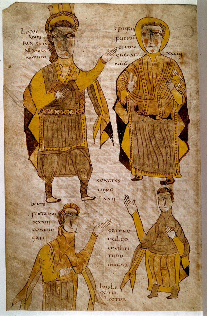 Lodhanri King of the Alamans (eller Alemans: germansk stamme) omgir en eveque, en hertug og en greve. Manuskript ""Breviary of Alaric and other legal texts"" (folio 197v), Frankrike, Vallee de la Loire (?), 803-814. Paris, B N av French School