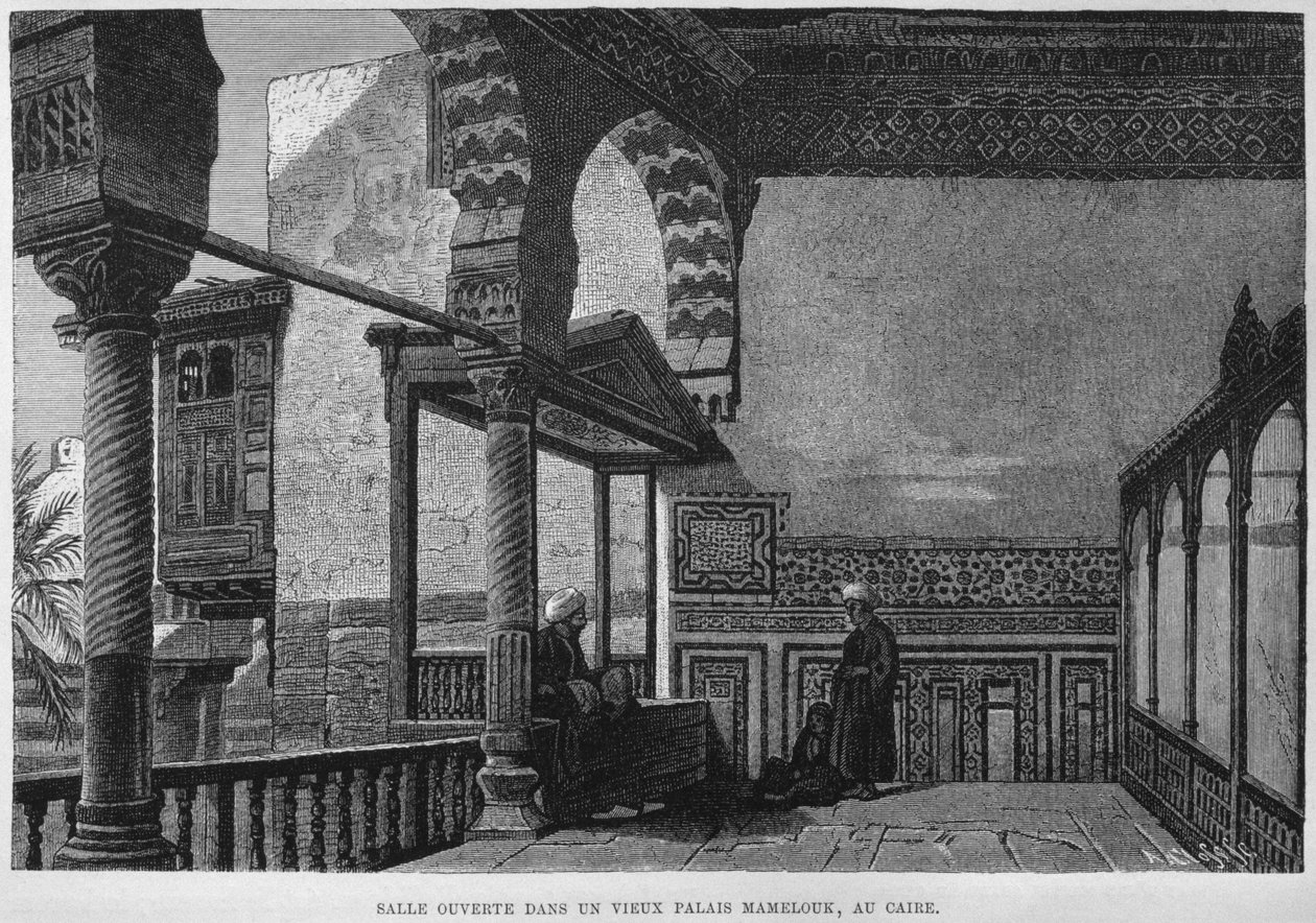 Loggia av Memlook Radnau Beys hus, Kairo, fra LEgypte av Georg Moritz Ebers (1837-98), 1881 (bw gravering) av French School