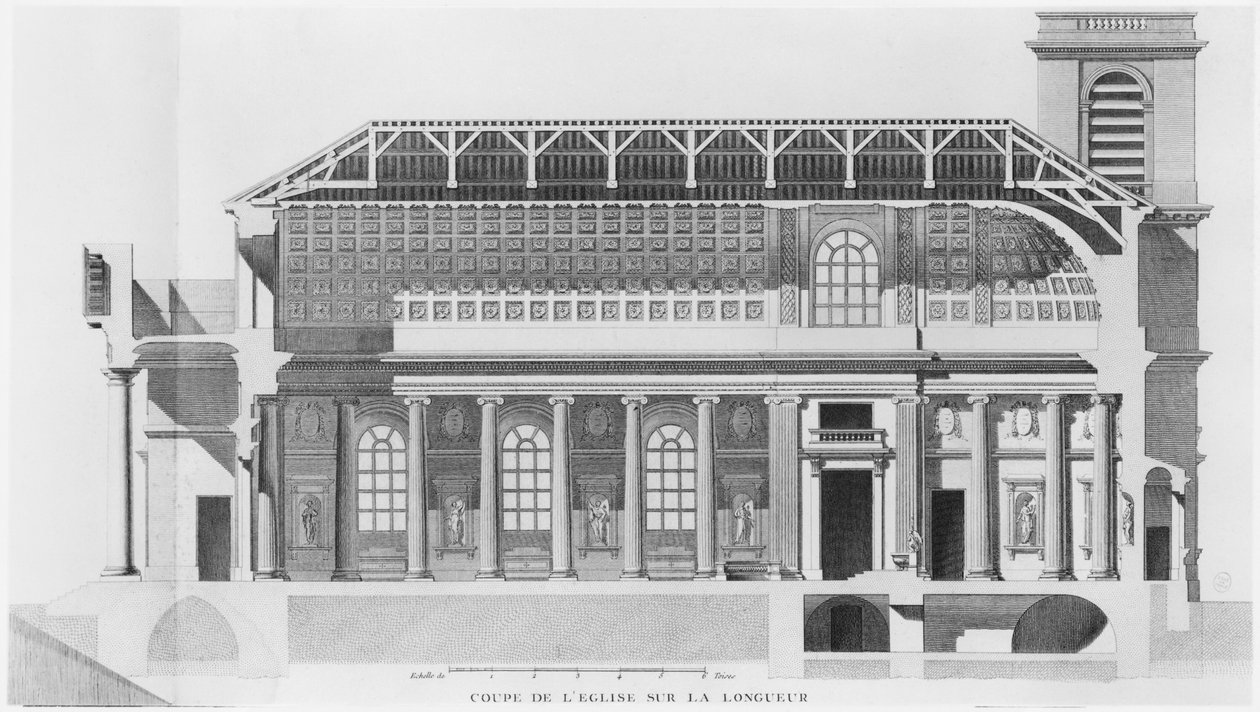 Langsgående tverrsnitt av kirken Saint-Philippe-du-Roule, Paris av French School